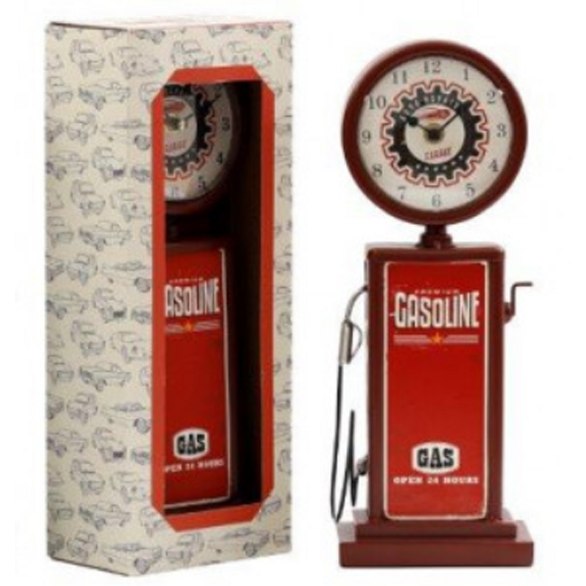 Retro Gas Pump Shaped Table Clock (Red) Boxed and Unboxed on a White Background