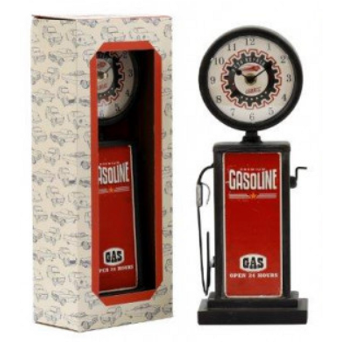 Retro Gas Pump Shaped Table Clock (Black) Boxed and Unboxed on a White Background
