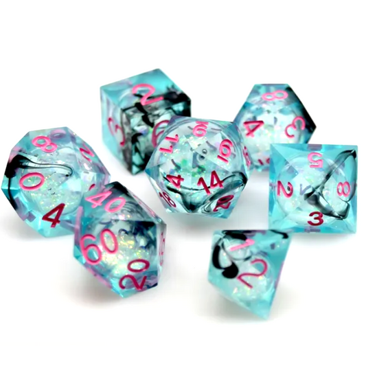 Glitter & Ink: Liquid Core Sharp Edged Glitter Filled Polyhedral Dice Set on a White Background | Happy Piranha
