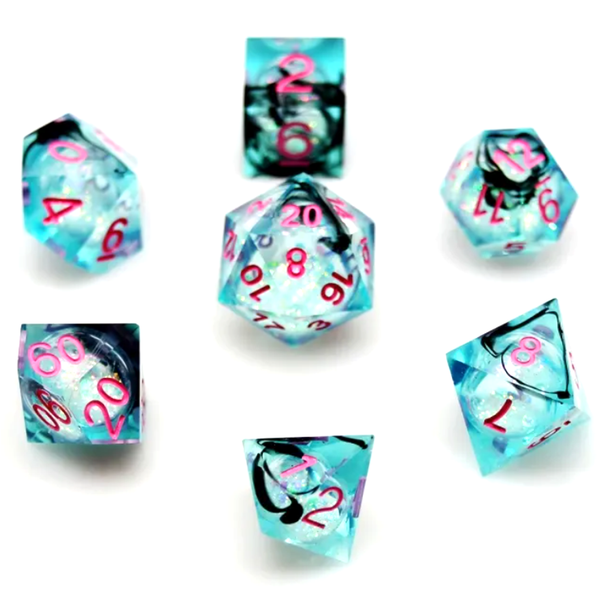 Glitter & Ink: Liquid Core Sharp Edged Glitter Filled Polyhedral Dice Set in a Circle on a White Background | Happy Piranha