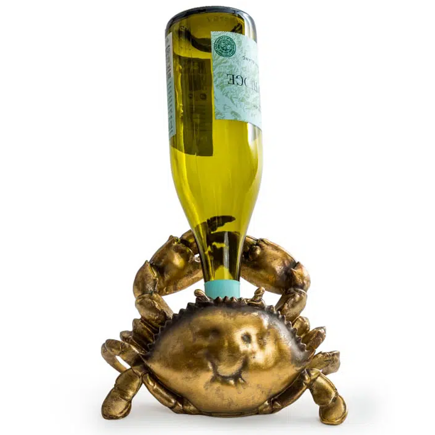 Gold Crab Wine Bottle Holder, Holding a Bottle of White Wine on a White Background | Happy Piranha