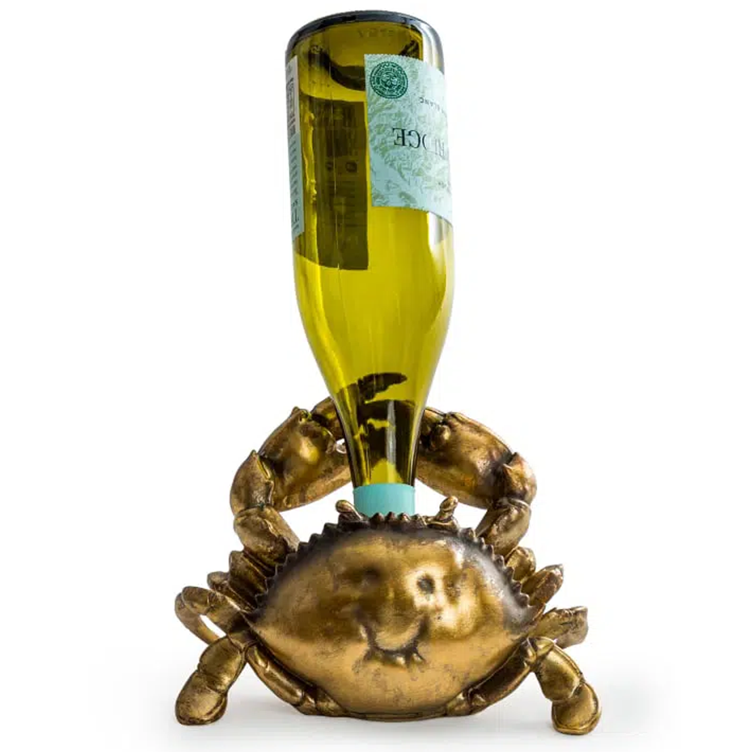 Gold Crab Wine Bottle Holder, Holding a Bottle of White Wine on a White Background | Happy Piranha