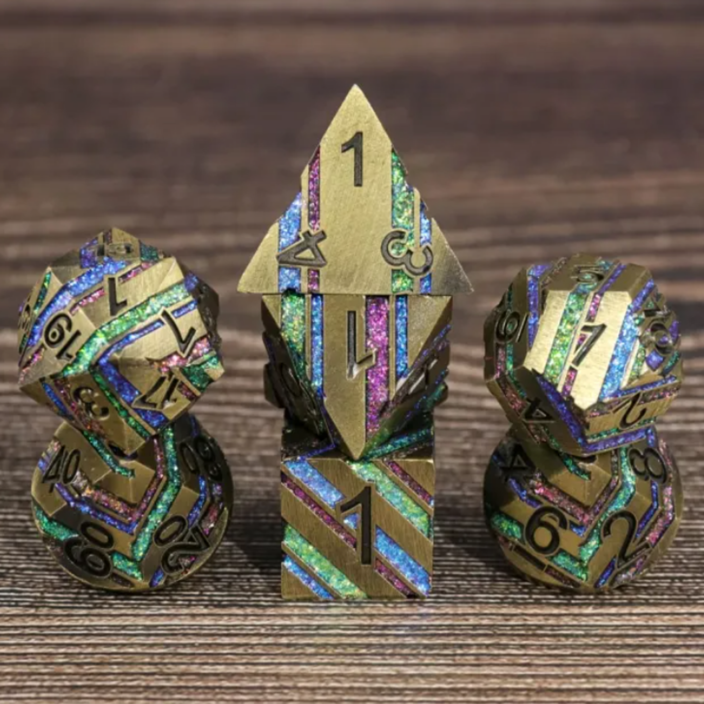 Rainbow Lightning - Premium Metal Polyhedral D&D Dice Sets (Gold) on a desk | Happy Piranha