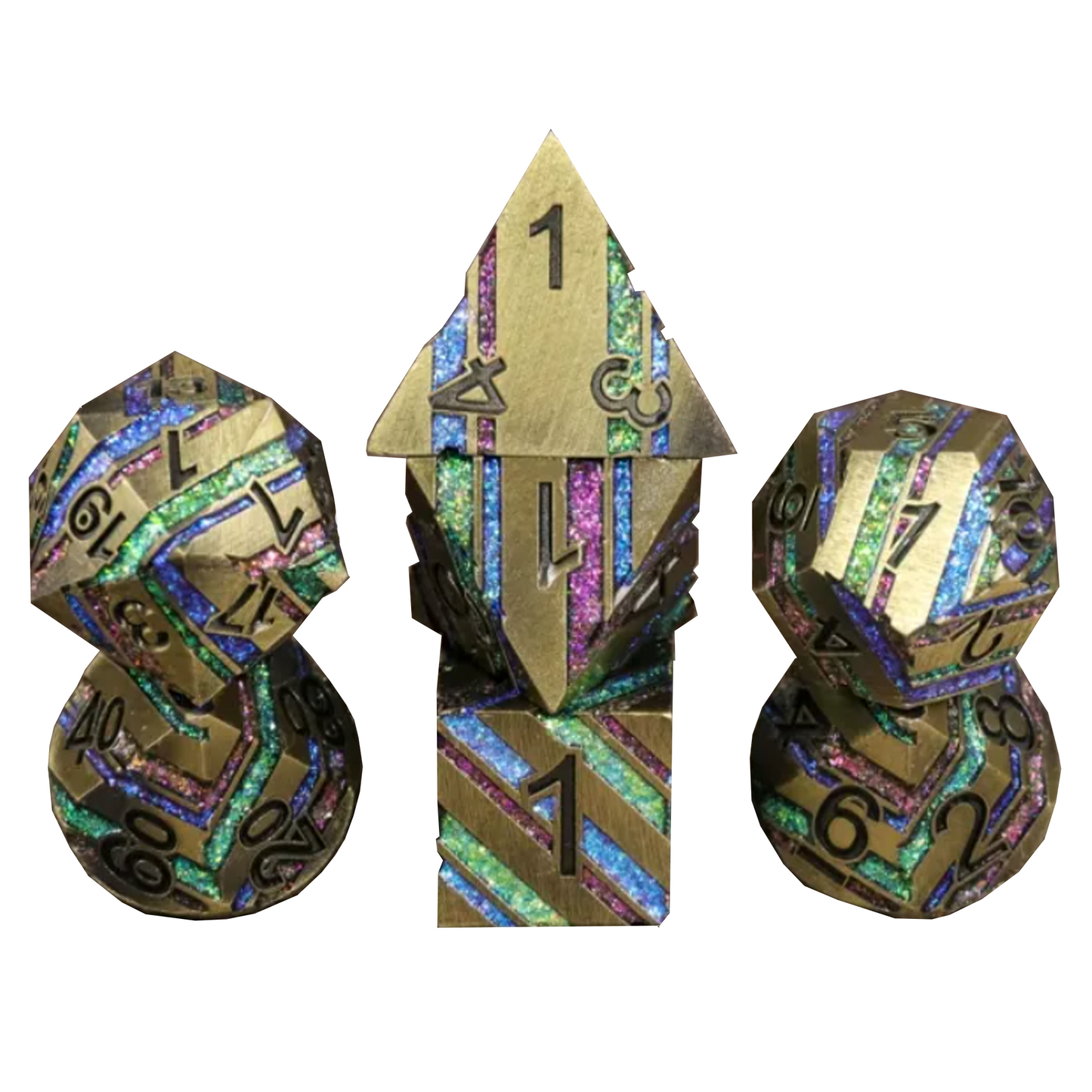 Rainbow Lightning - Premium Metal Polyhedral D&D Dice Sets (Gold) | Happy Piranha