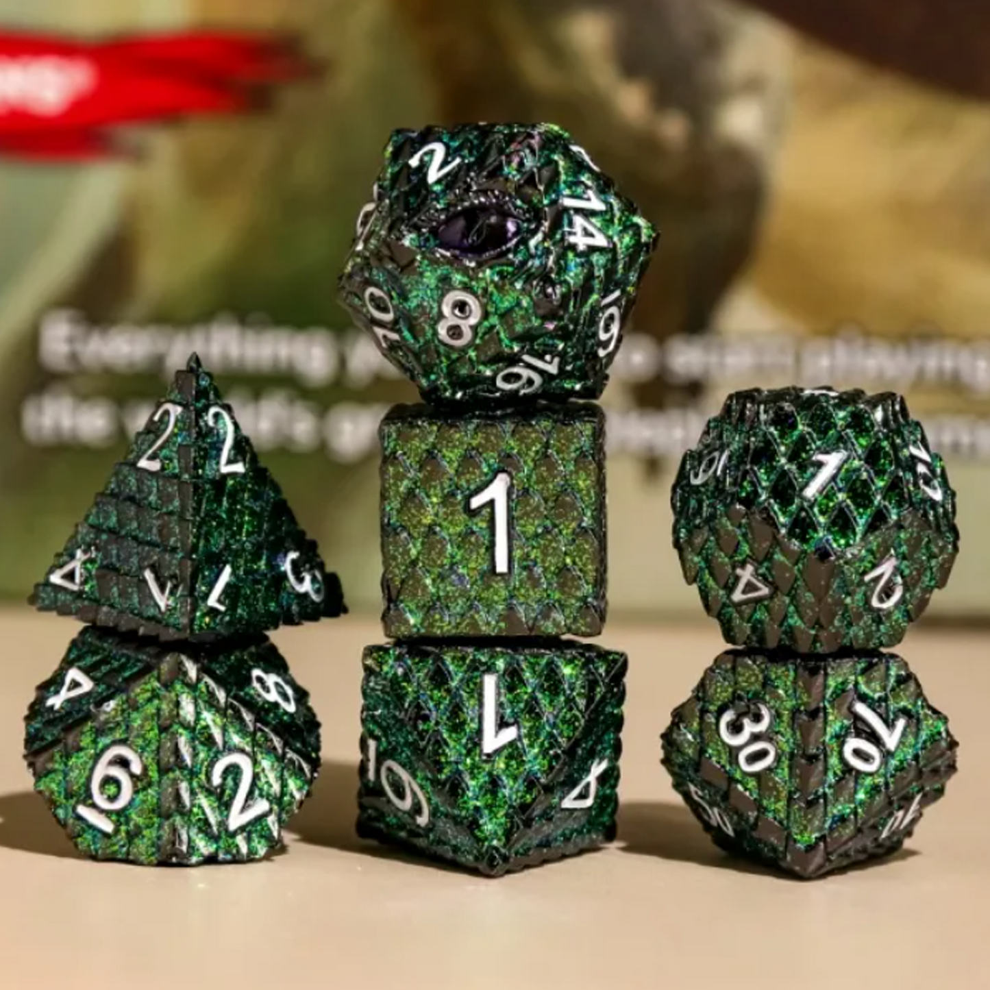 Dragon Scale - Premium Metal Polyhedral D&D Dice Sets (Green) on a desk | Happy Piranha