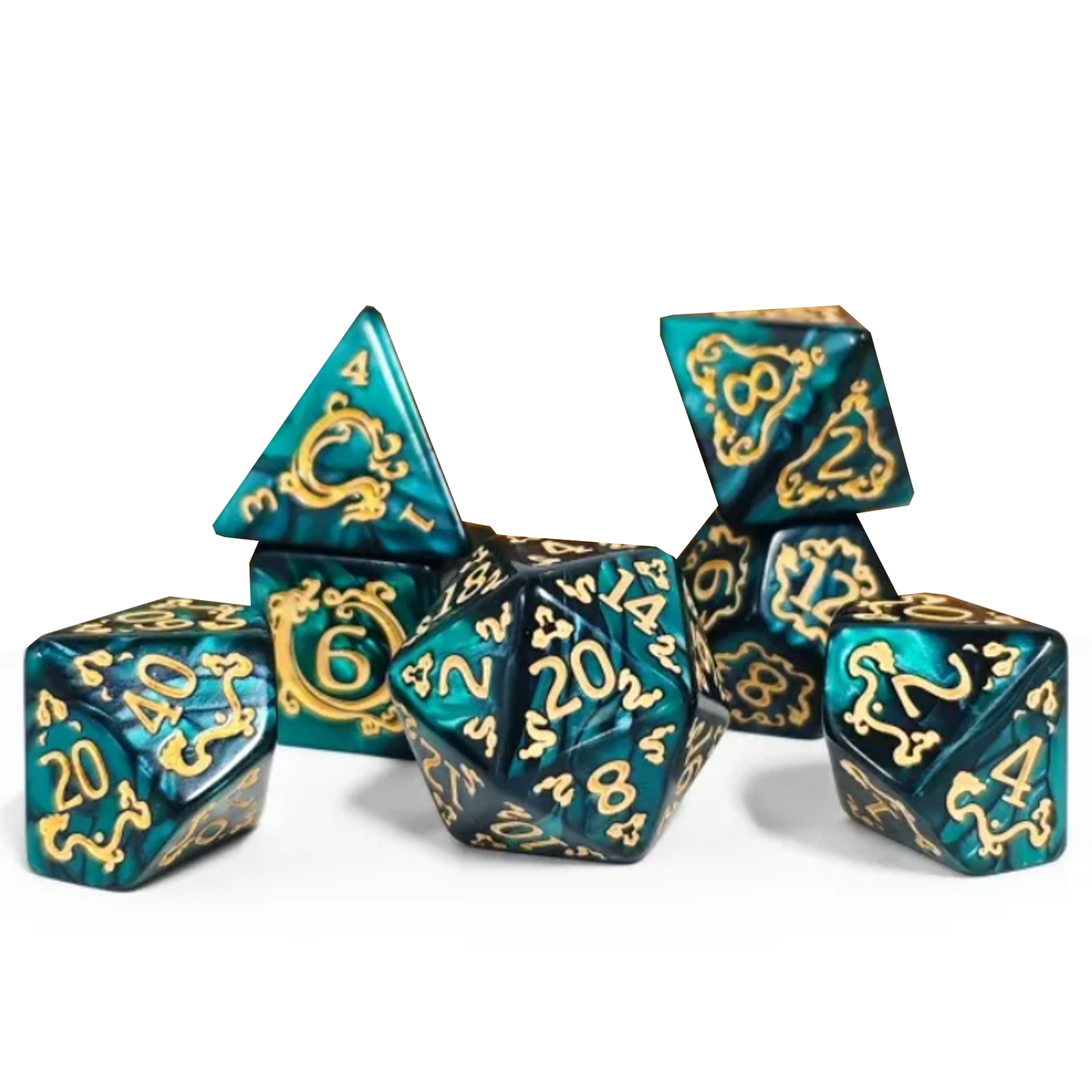 Eastern Dragon Design Polyhedral Dice Set (Green) on a White Background, Stacked in a Pile | Happy Piranha