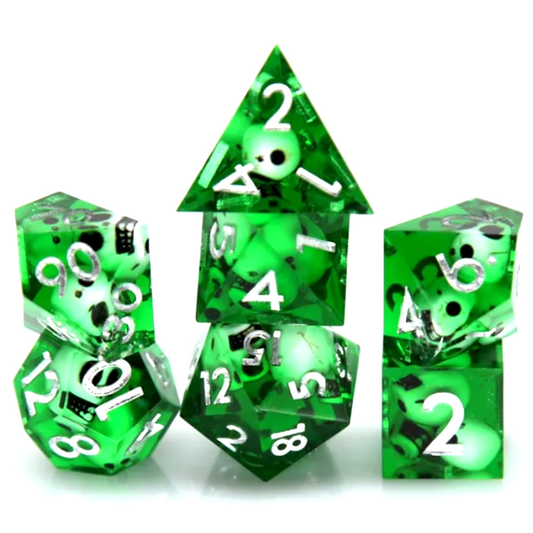 Green Miniature Skull Filled Sharped Edged Polyhedral Dice Set Stacked in a Pile on a White Background | Happy Piranha