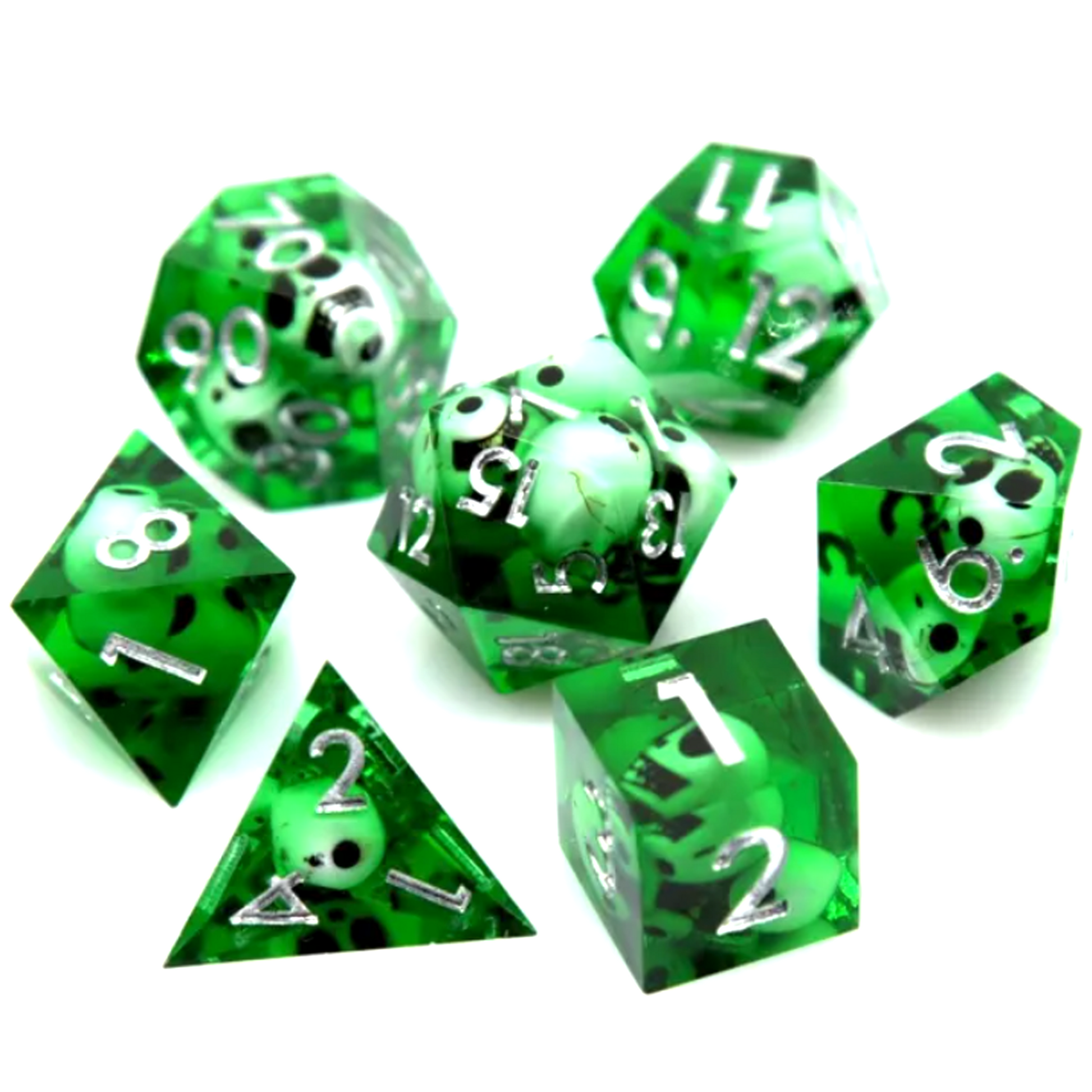 Green Miniature Skull Filled Sharped Edged Polyhedral Dice Set in a Circle on a White Background | Happy Piranha