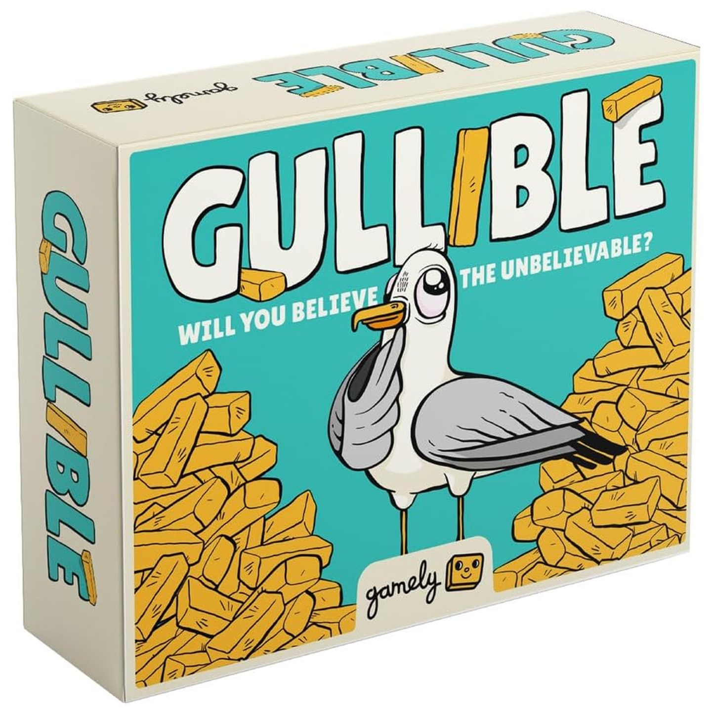 Gullible Board Game Box on a White Background | Happy Piranha