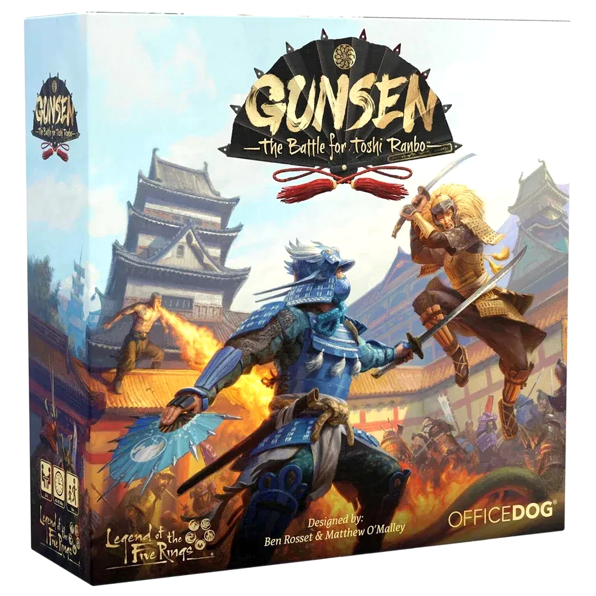 Gunsen: The Battle for Toshi Ranbo Board Game (Front of Box) on a White Background | Happy Piranha