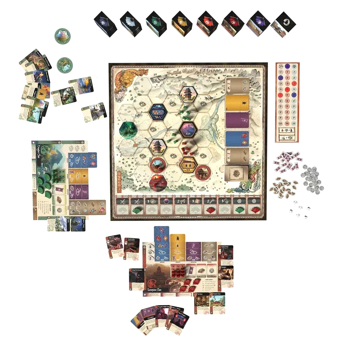 Gunsen: The Battle for Toshi Ranbo Board Game (Overhead View of The Game and Components) on a White Background | Happy Piranha
