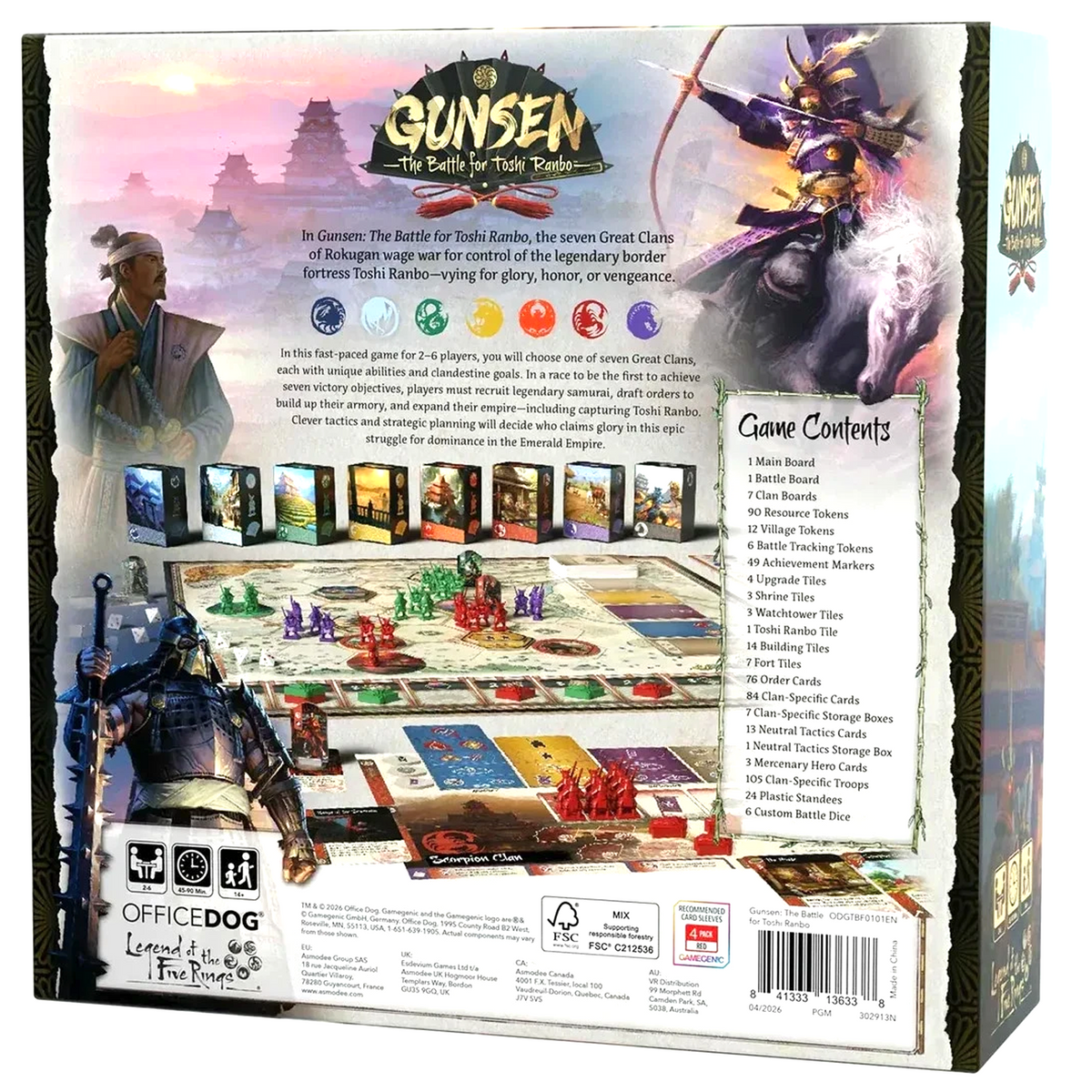 Gunsen: The Battle for Toshi Ranbo Board Game (Back of Box) on a White Background | Happy Piranha