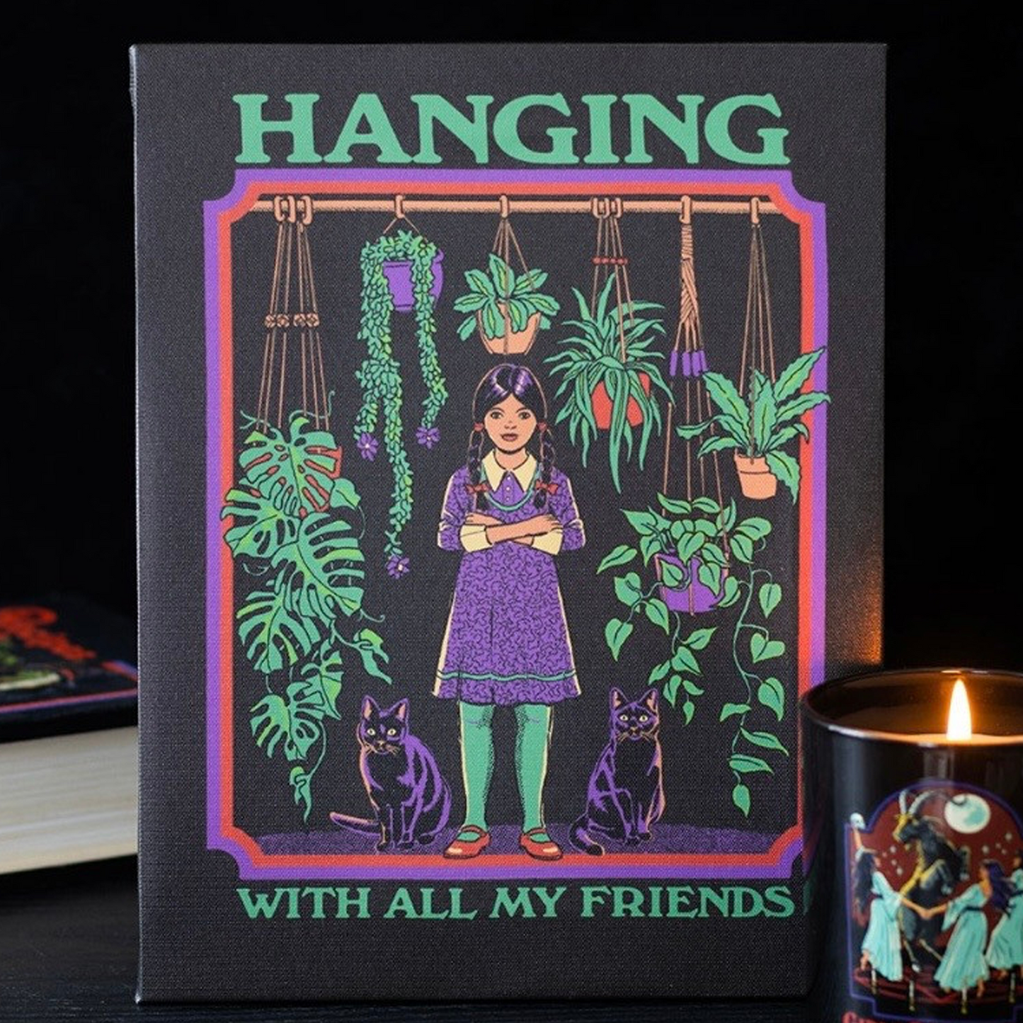 Hanging With All My Friends: Steven Rhodes Licensed Canvas Print On a Dark Background Next to a Candle | Happy Piranha