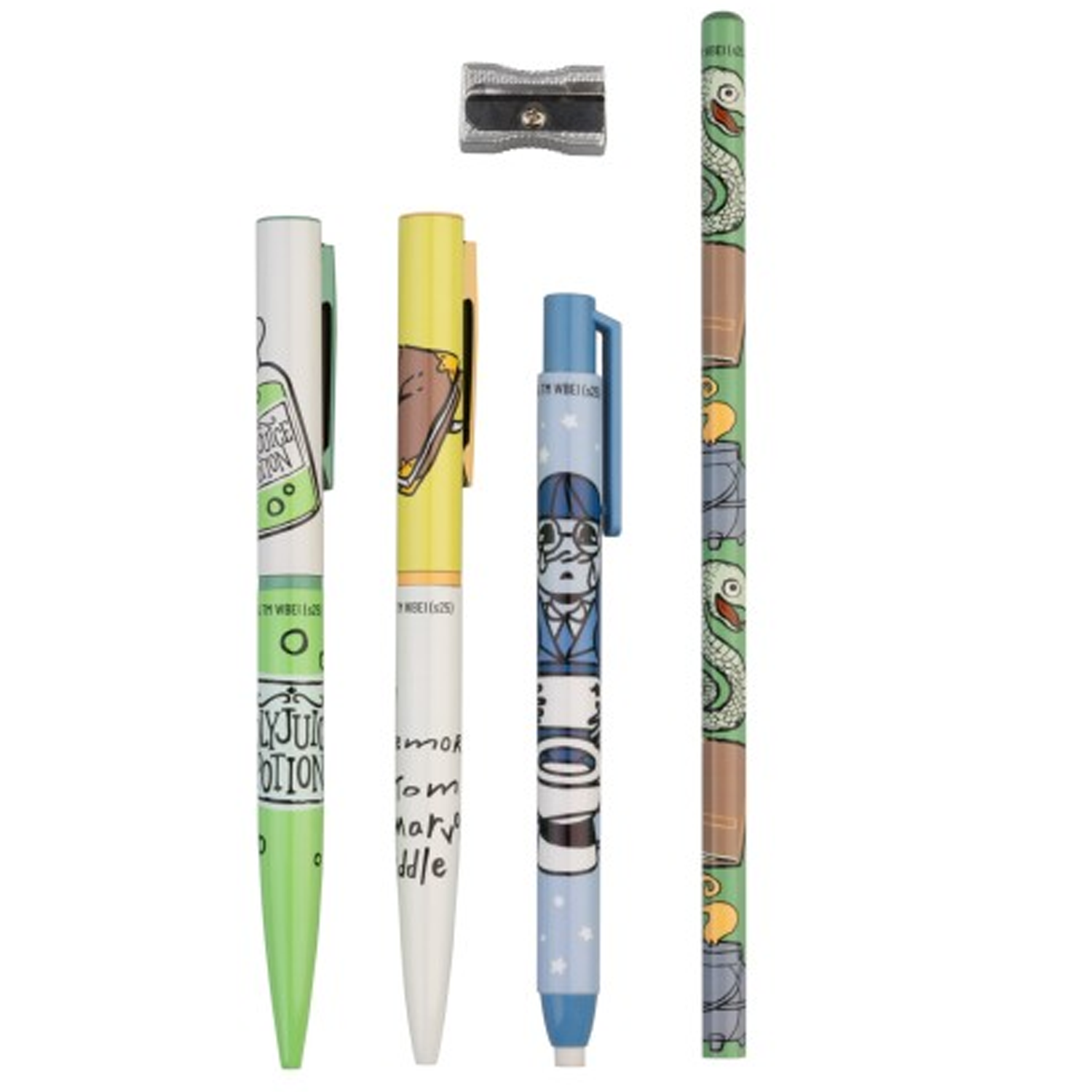 The 3 pens, pencil and sharpener included in the Harry Potter Moaning Myrtle's Bathroom Pen Holder & Stationary Set on a White Background | Happy Piranha