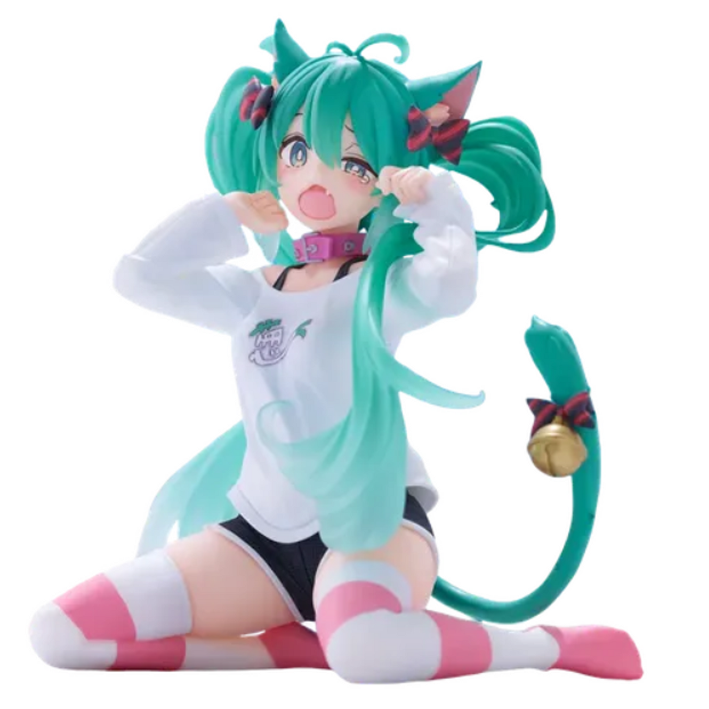 An anime figurine of Hatsune Miku in a playful pose, featuring long teal twin-tails, cat ears, a white long-sleeve shirt with a small green chest graphic, black shorts, pink and white striped thigh-high socks, and a teal tail with a gold bell | Hatsune Miku Desktop Cute Nekomimi T-Shirt ver. Figure | Happy Piranha