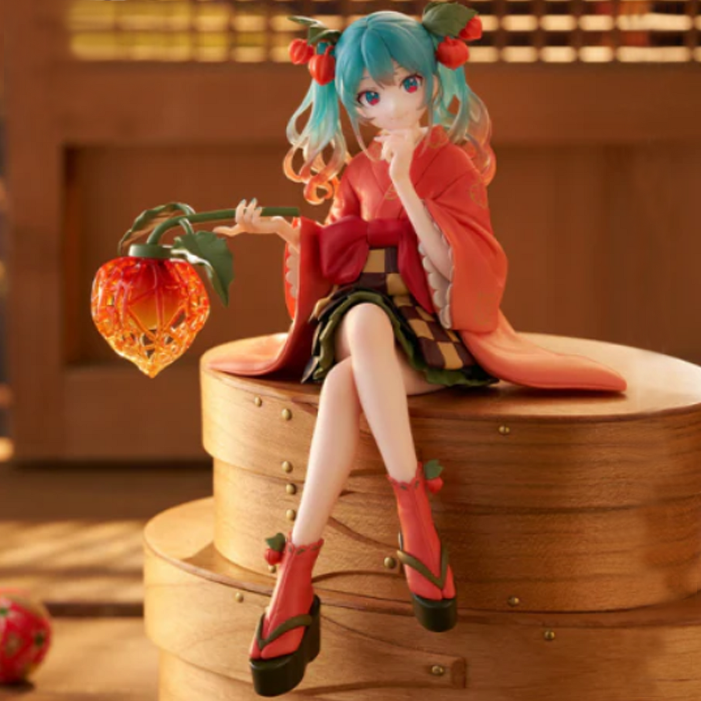 Hatsune Miku Flower Fairy Noodle Stopper Figure Sitting on a Wooden Box with a Shoji Door in the Background | Happy Piranha