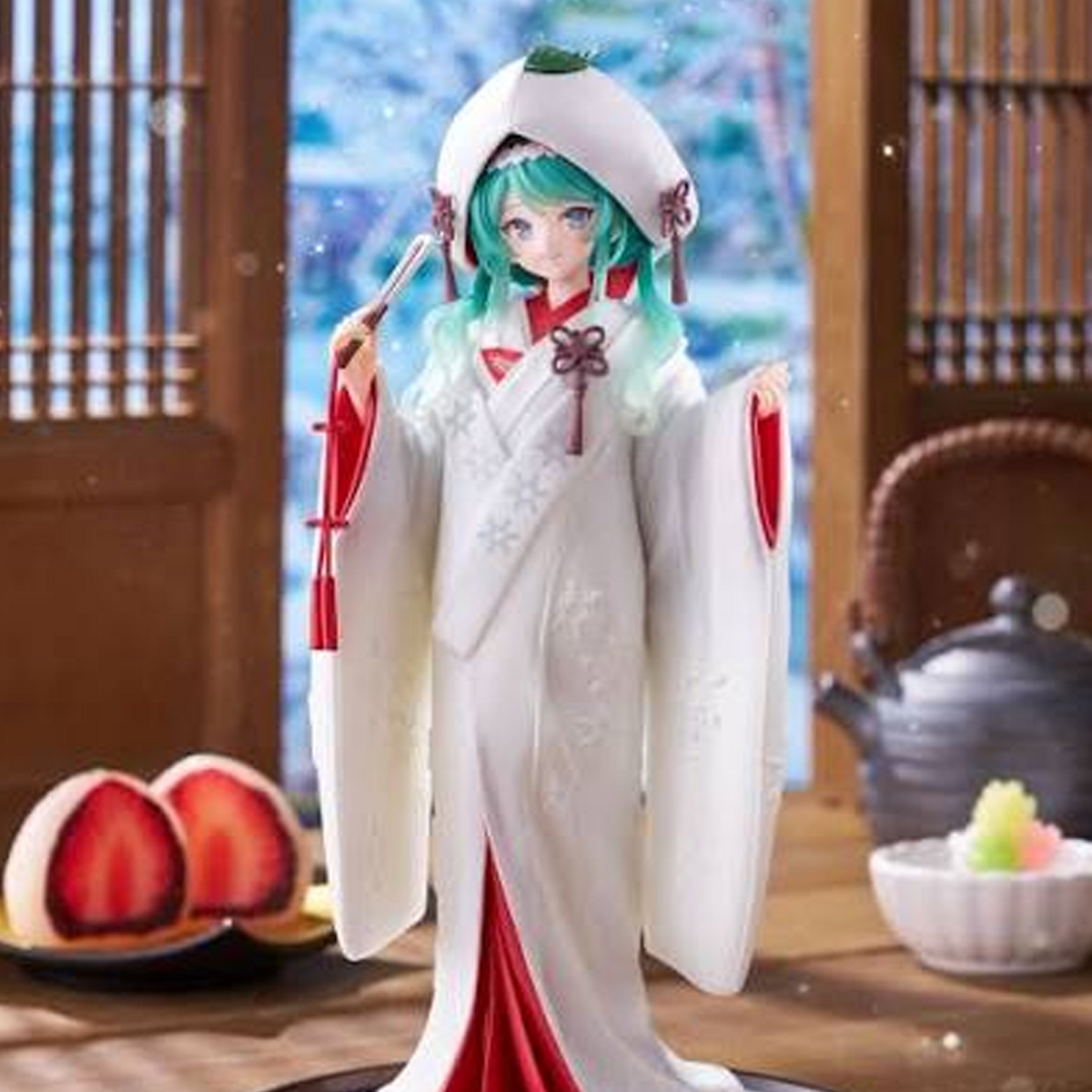 Hatsune Miku: Snow Miku All Star 2013 ver. Artist Masterpiece Figure (Front) on a Wooden Temple and Snow Background With Tea and Mochi Around Her | Happy Piranha