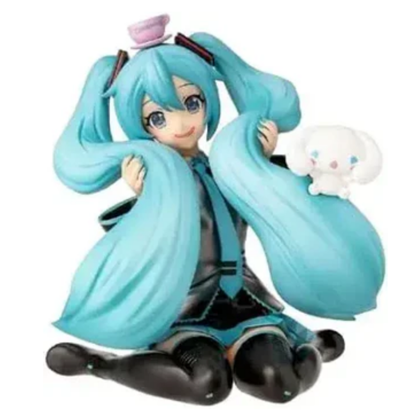 An anime figurine of Hatsune Miku sitting cross-legged, with long turquoise twin buns, a small Cinnamoroll character on her shoulder, and a pink hair accessory, shown on a plain white background | Hatsune Miku x Cinnamoroll Paprio Figure Mofutto ver. | Happy Piranha