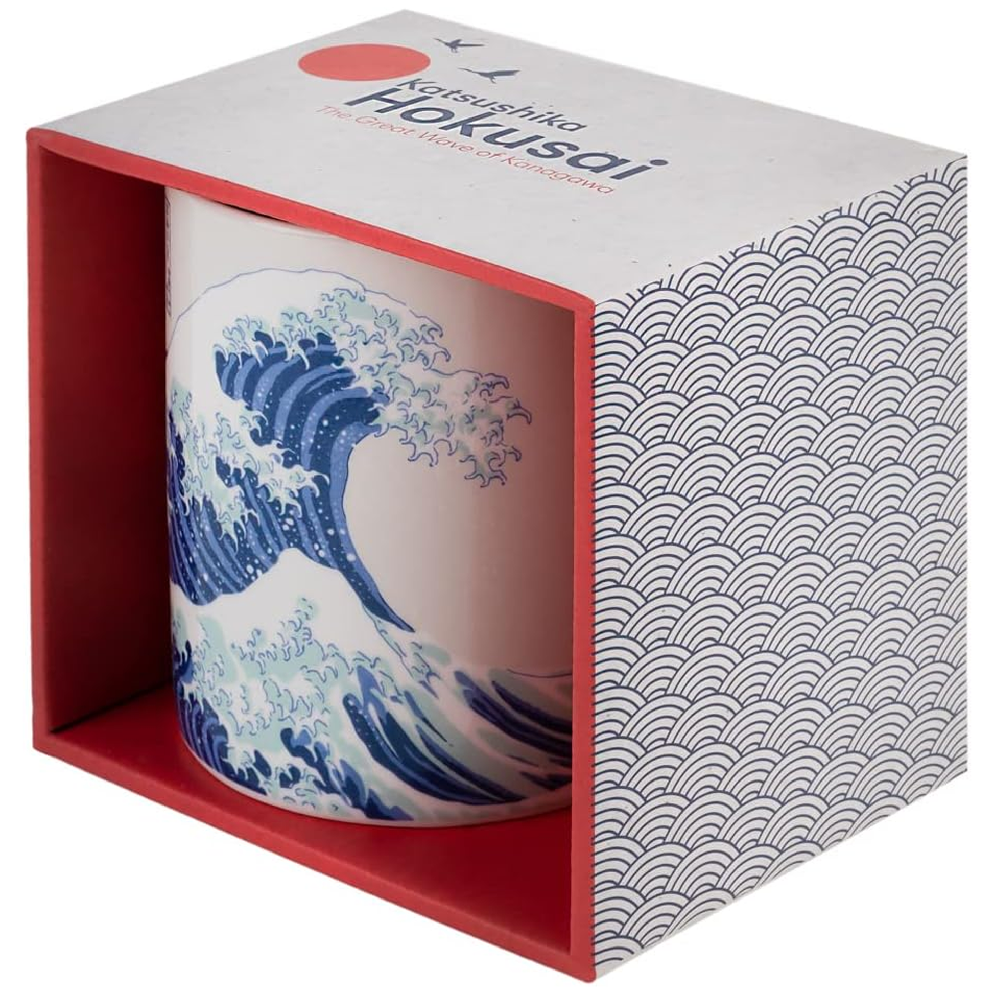 Hokusai: The Great Wave 350ml Ceramic Art Mug in a Red and White Classic Japanese Patterned | Happy Piranha