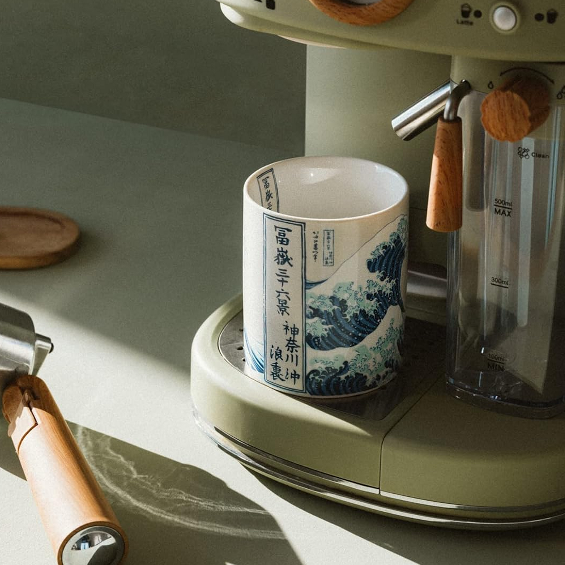 Hokusai: The Great Wave 350ml Ceramic Art Mug sitting on a Chic, Retro Coffee Machine | Happy Piranha