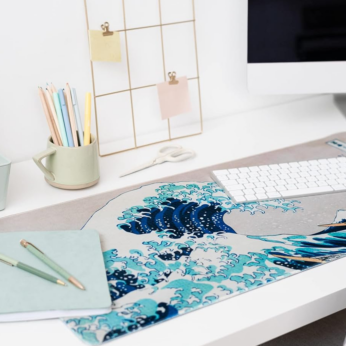 Hokusai Great Wave XXL 31.5 Inch Gaming Mouse Pad & Keyboard Mat  on a Desk with a Keyboard and Notebook | Happy Piranha