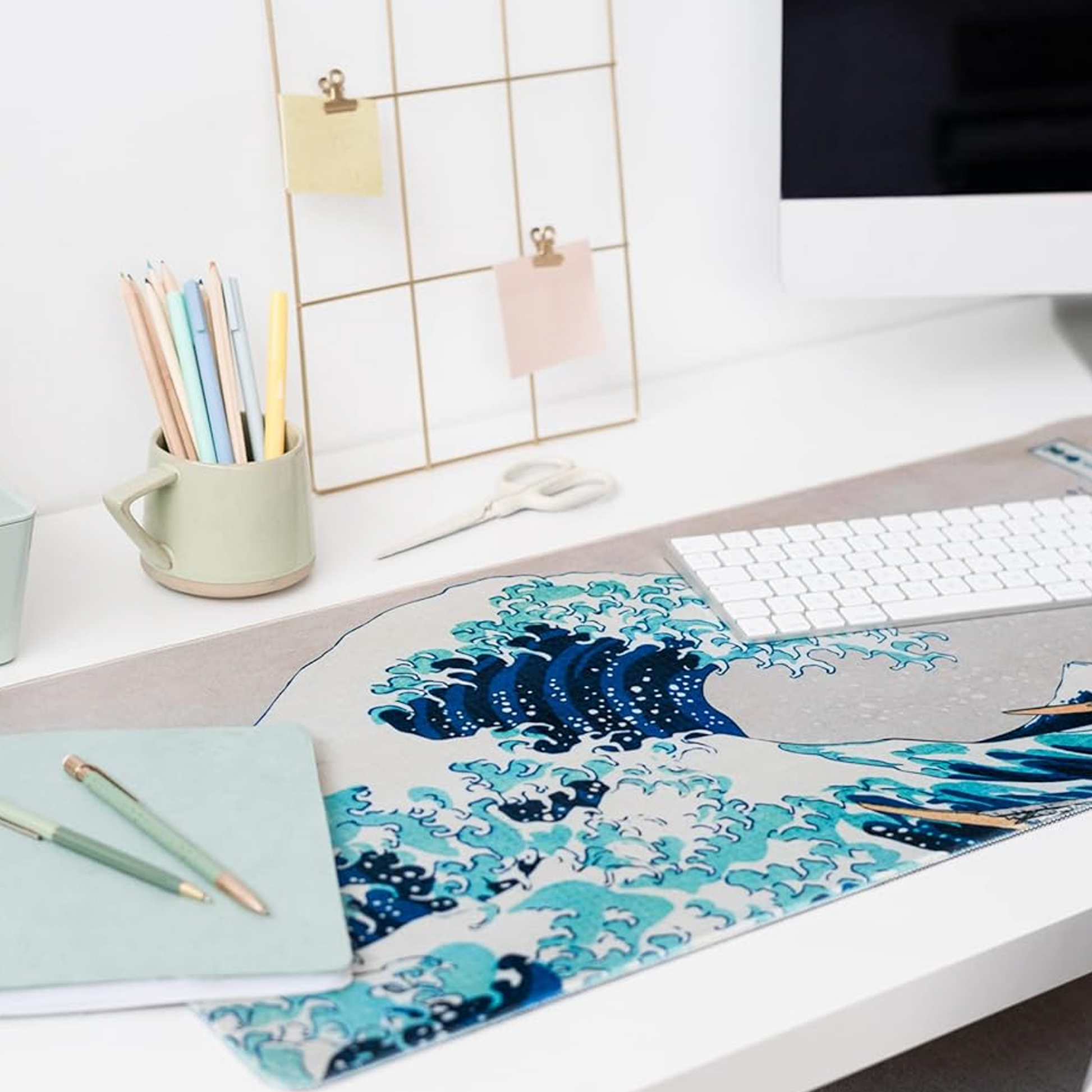 Hokusai Great Wave XXL 31.5 Inch Gaming Mouse Pad & Keyboard Mat  on a Desk with a Keyboard and Notebook | Happy Piranha