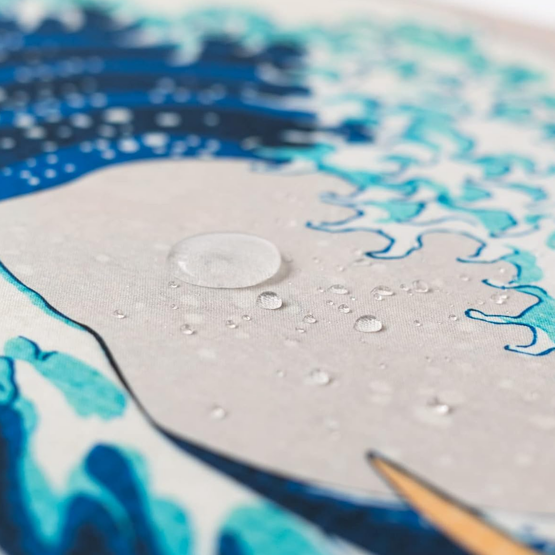 Hokusai Great Wave XXL 31.5 Inch Gaming Mouse Pad & Keyboard Mat - a Close up Shot with Water Droplets on it to Show the Hydrophobic Material | Happy Piranha