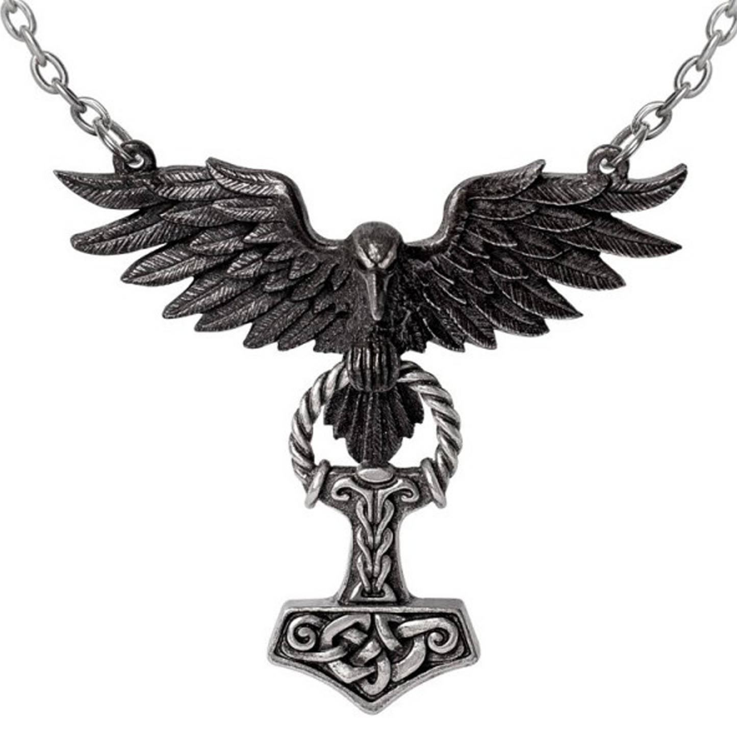 Hrafnhamerr - Thor's Hammer & Raven Design Necklace on a White Background | Happy Piranha