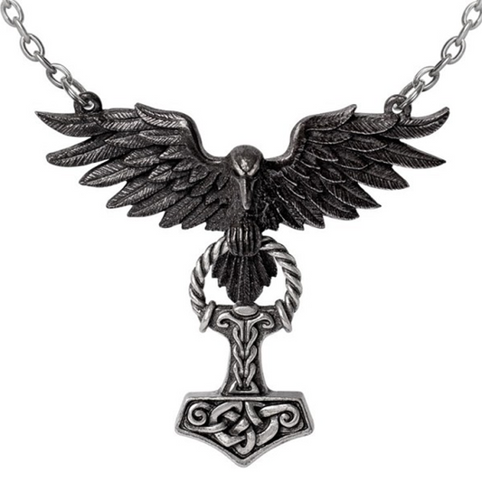 Hrafnhamerr - Thor's Hammer & Raven Design Necklace on a White Background | Happy Piranha