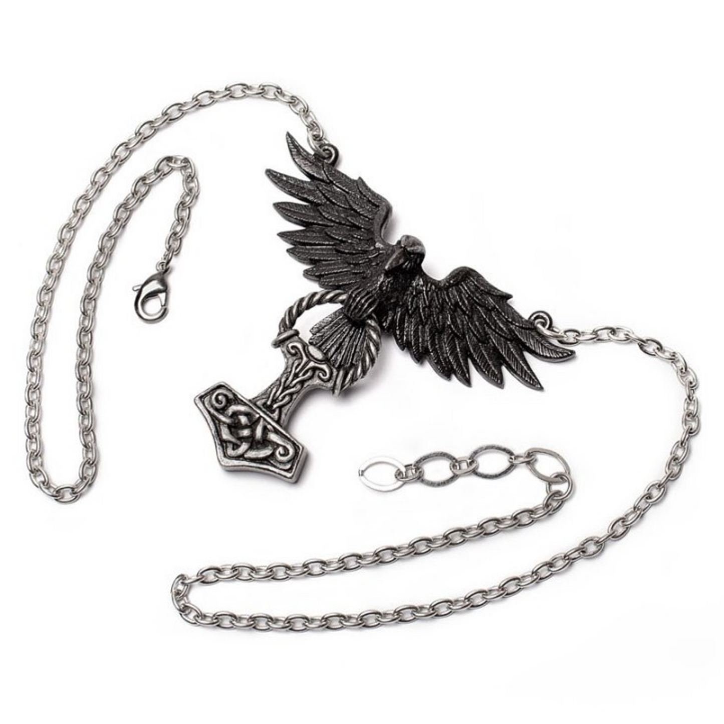 Hrafnhamerr - Thor's Hammer & Raven Design Necklace Spread Out with Its Chain on a White Background | Happy Piranha
