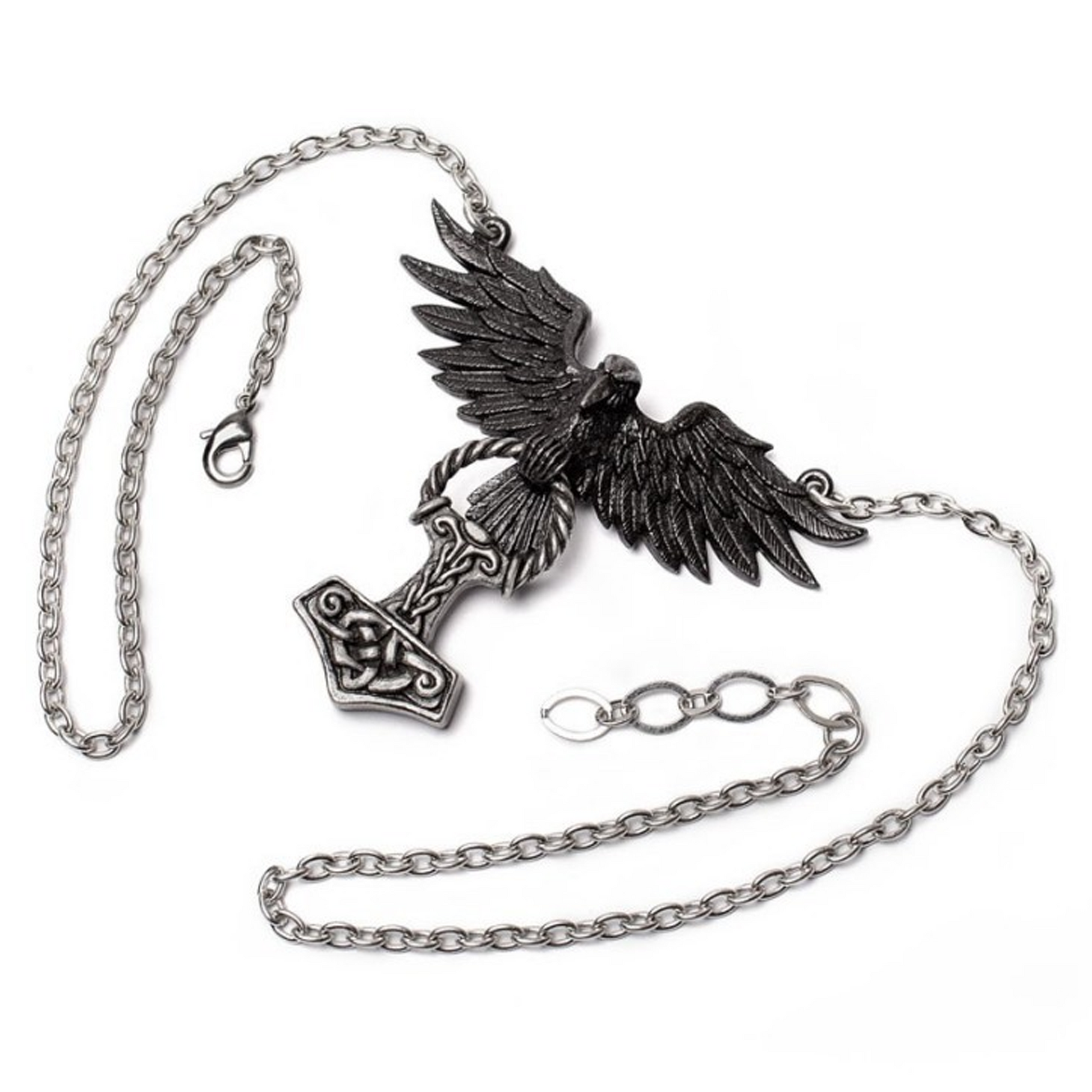 Hrafnhamerr - Thor's Hammer & Raven Design Necklace Spread Out with Its Chain on a White Background | Happy Piranha