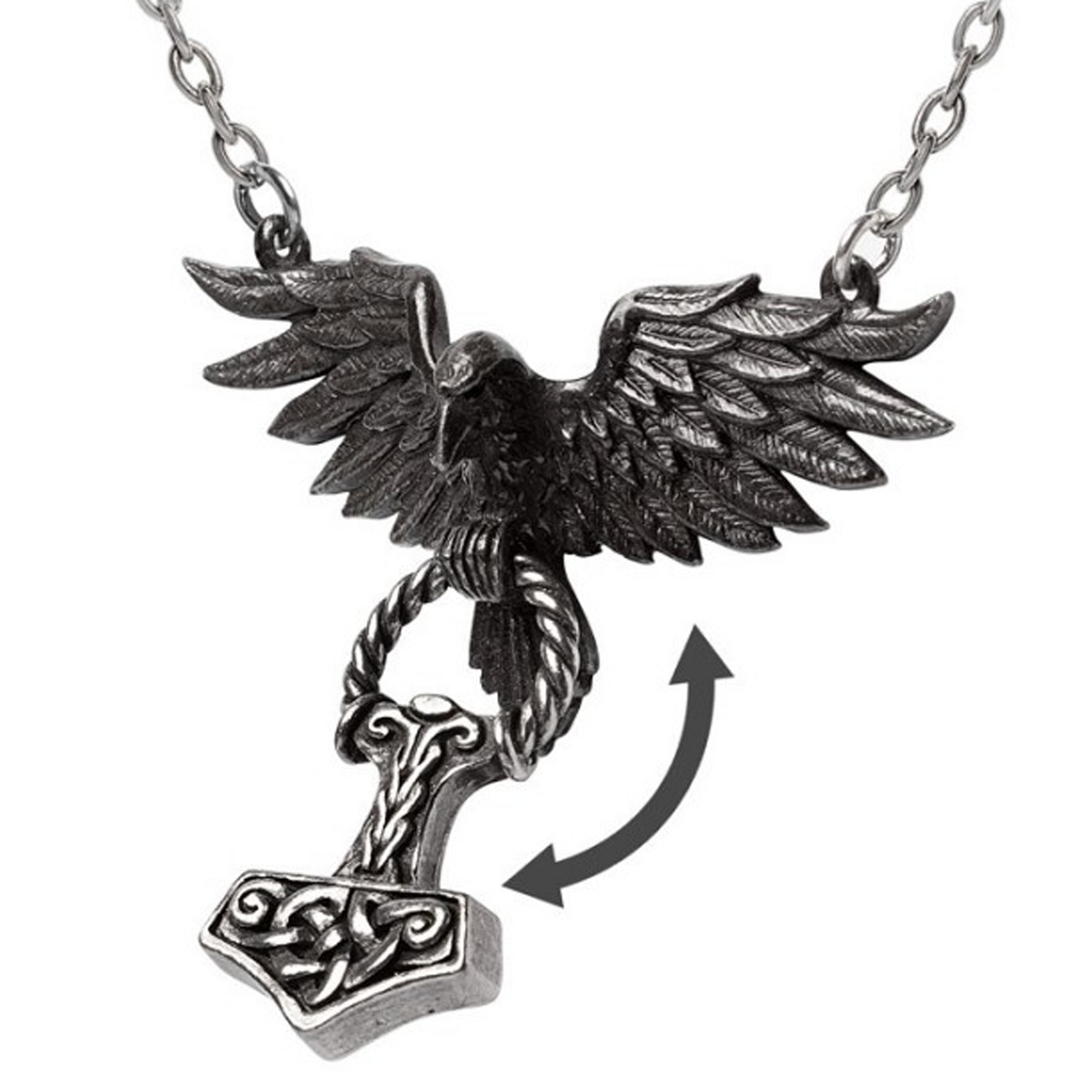 Hrafnhamerr - Thor's Hammer & Raven Design Necklace on a White Background With an Arrow Showing How the Hammer can Move| Happy Piranha