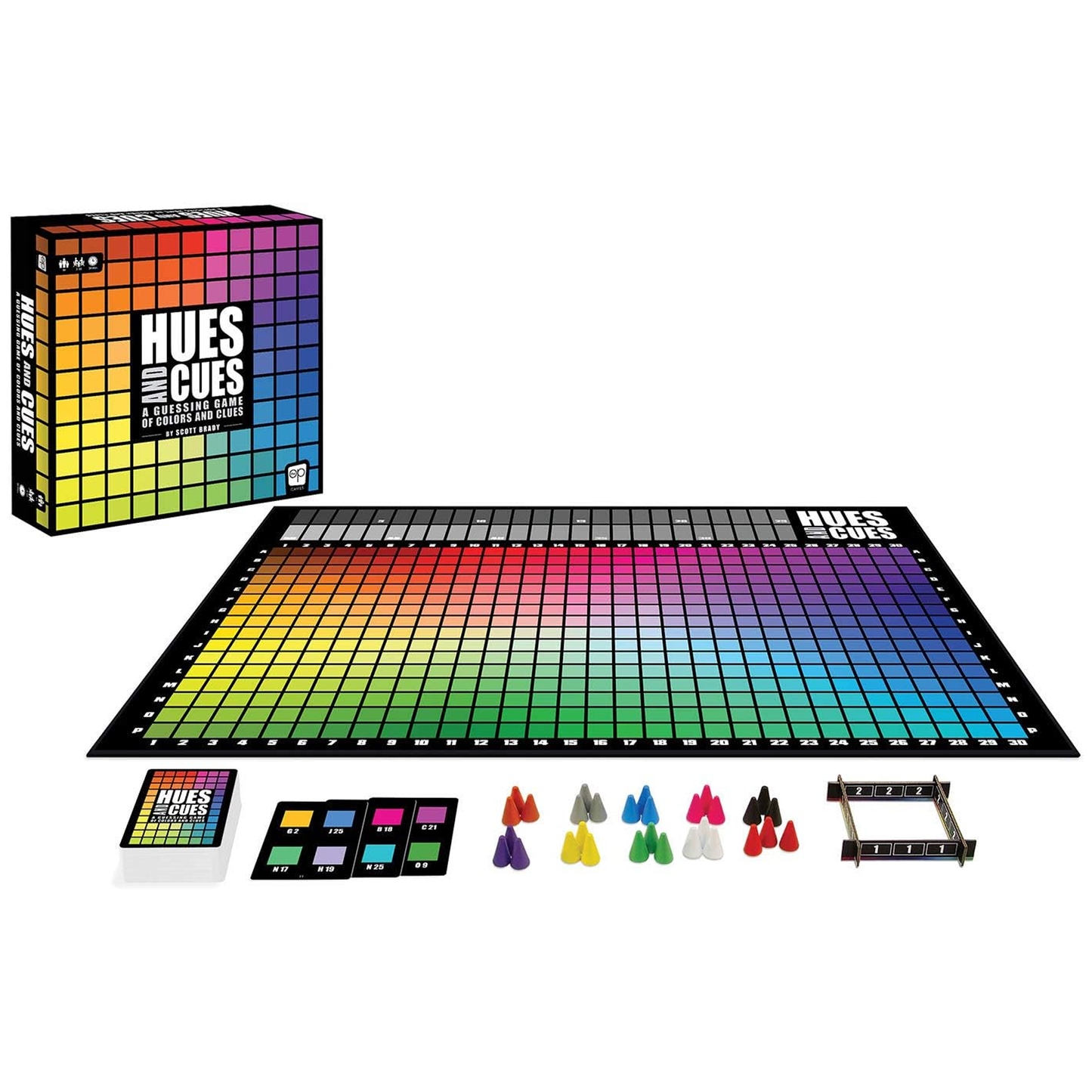 Hues and Cues Board Game Back of Box | Happy Piranha