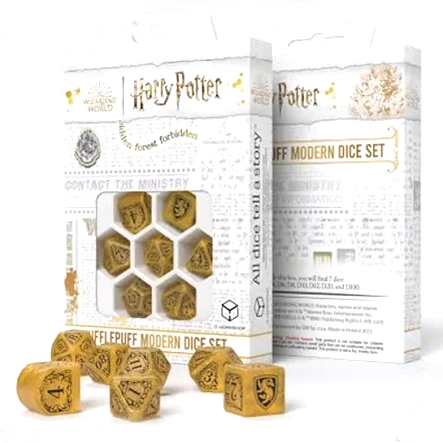 Harry Potter Modern Dice Set - Hufflepuff and Packaging | Happy Piranha
