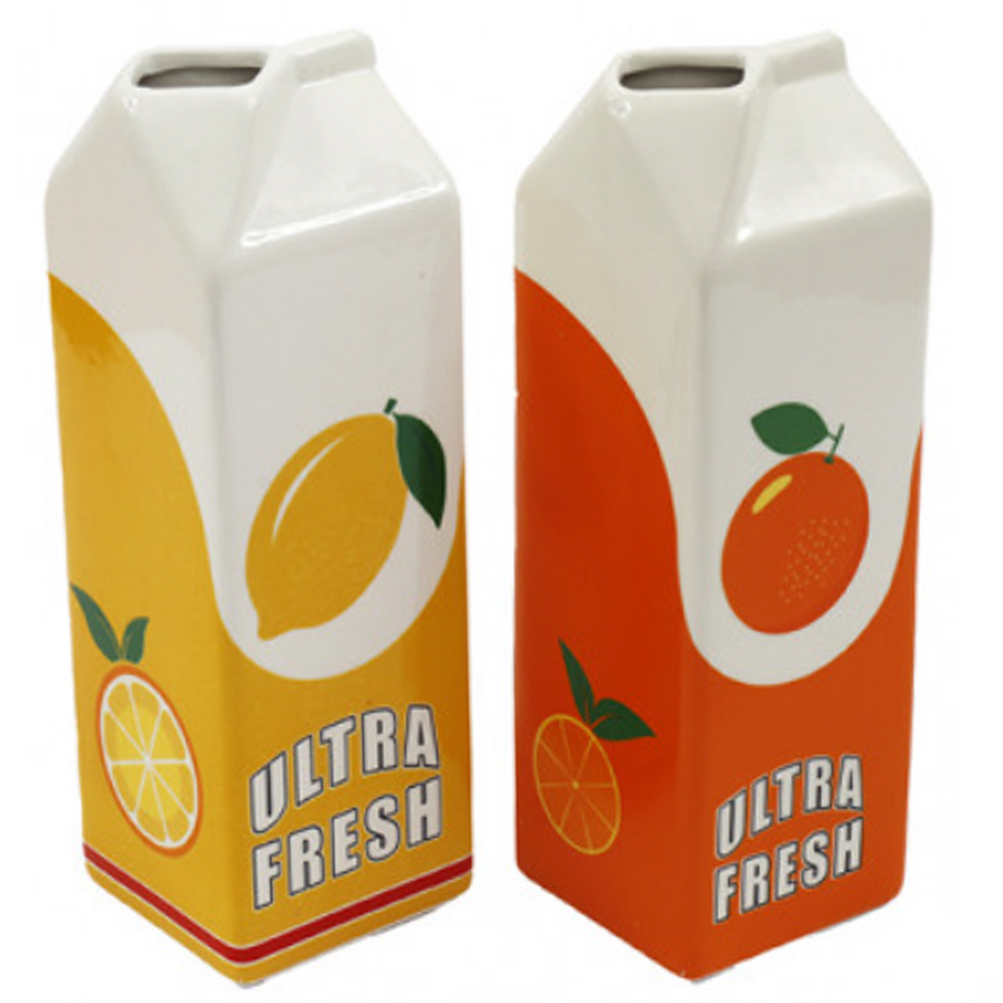 23.5cm Orange & Lemon Juice Carton Design Vase (Both Designs) on a White Background | Happy Piranha