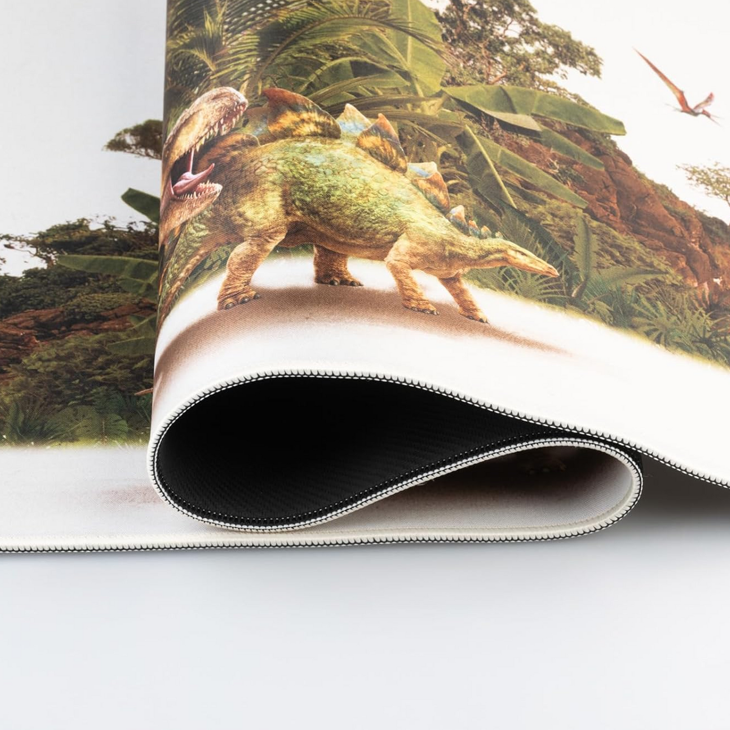 Jurassic Park Dinosaur XXL 31.5 Inch Mouse Pad & Keyboard Mat - a Close up of the Quality Stitched Edging | Happy Piranha