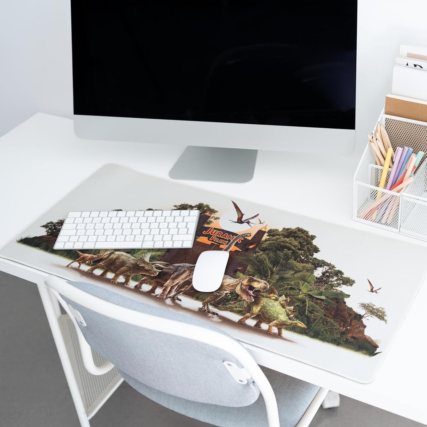 Jurassic Park Dinosaur XXL 31.5 Inch Mouse Pad & Keyboard Mat on a Desk with a Mouse and Keyboard | Happy Piranha