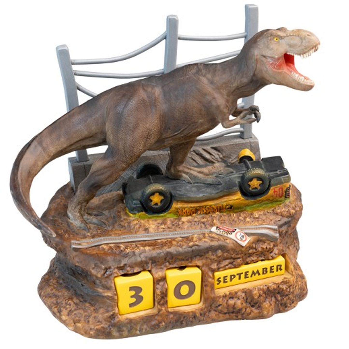 Jurassic Park T-Rex Perpetual Calendar (Front) on a White Background | Happy Piranha