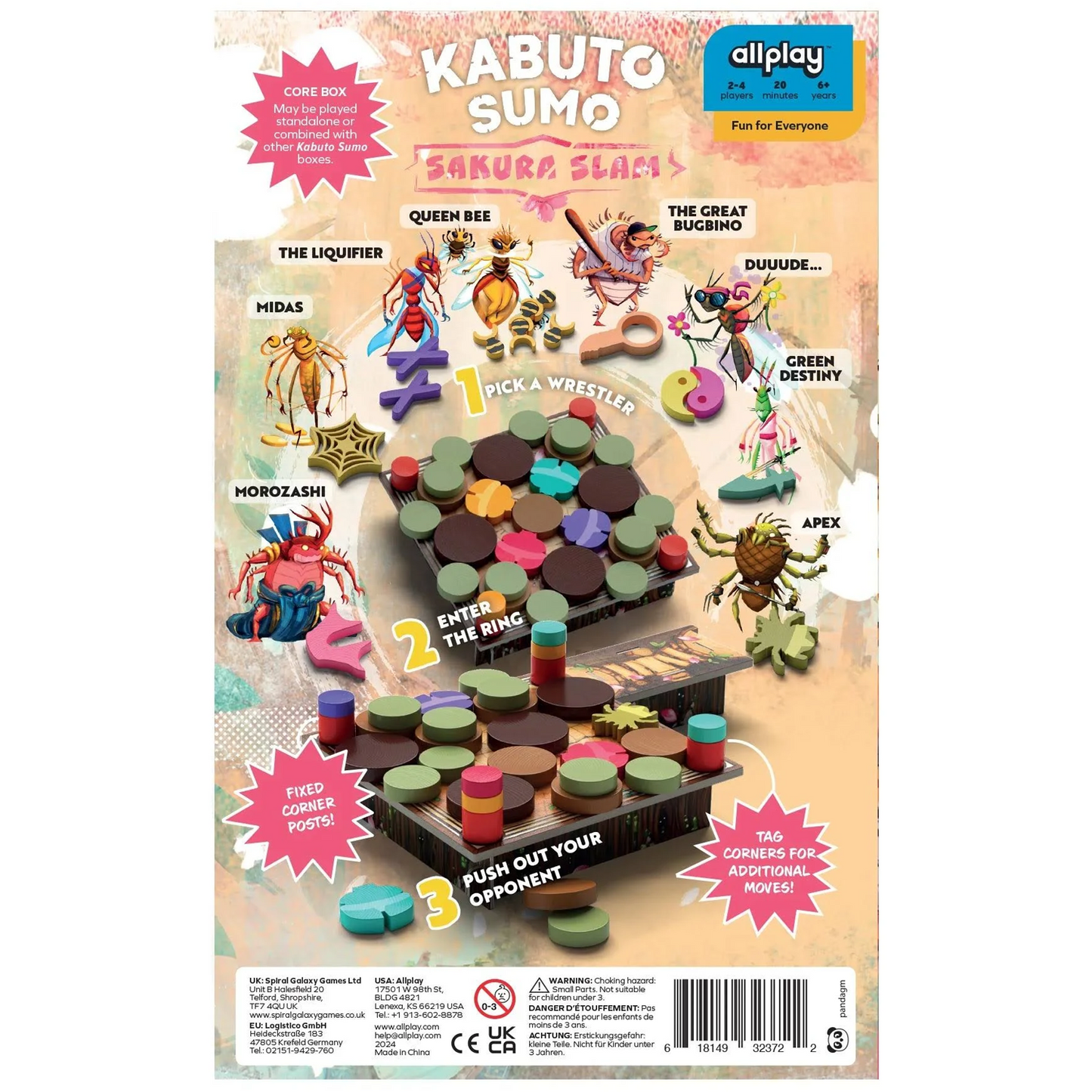 Kabuto Sumo Sakura Slam Board Game (Back of Box) On a White Background | Happy Piranha