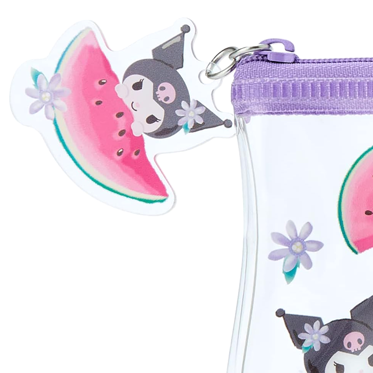 Kuromi & Fruit Design Clear Sanrio Pencil Case (Close up of the Zipper) on a White Background | Happy Piranha