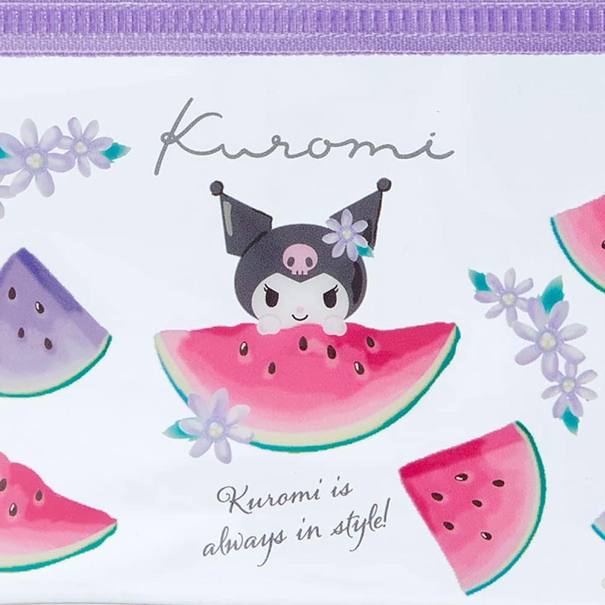 Kuromi & Fruit Design Clear Sanrio Pencil Case (Close up of the Print Design) on a White Background | Happy Piranha