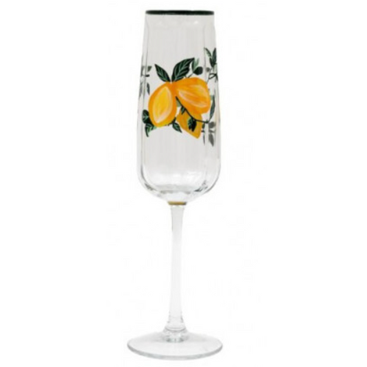Lemon & Leaf Design Champagne Flute Glass on a White Background | Happy Piranha