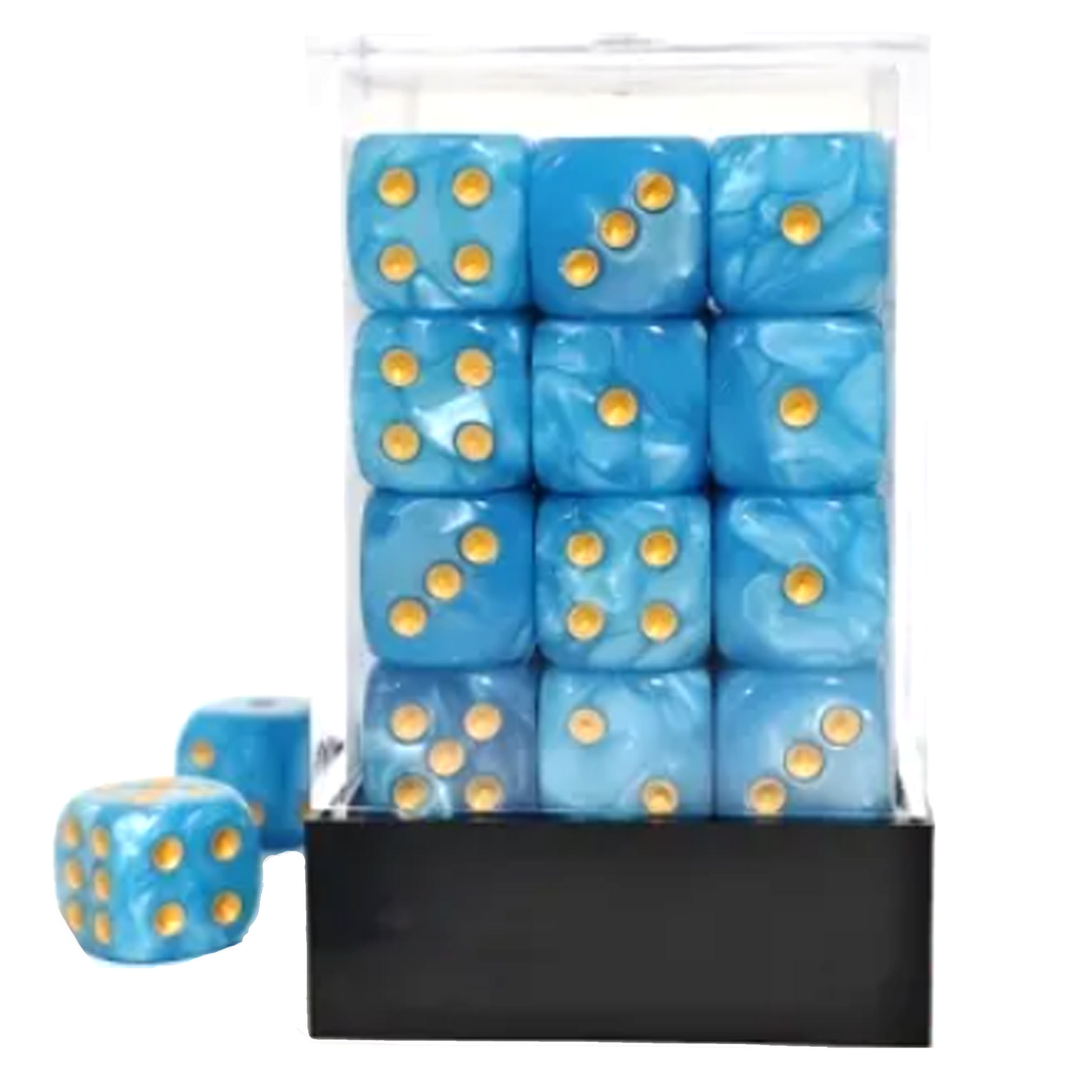 Set of blue dice with yellow pips in a clear plastic bag on a white background | Happy Piranha