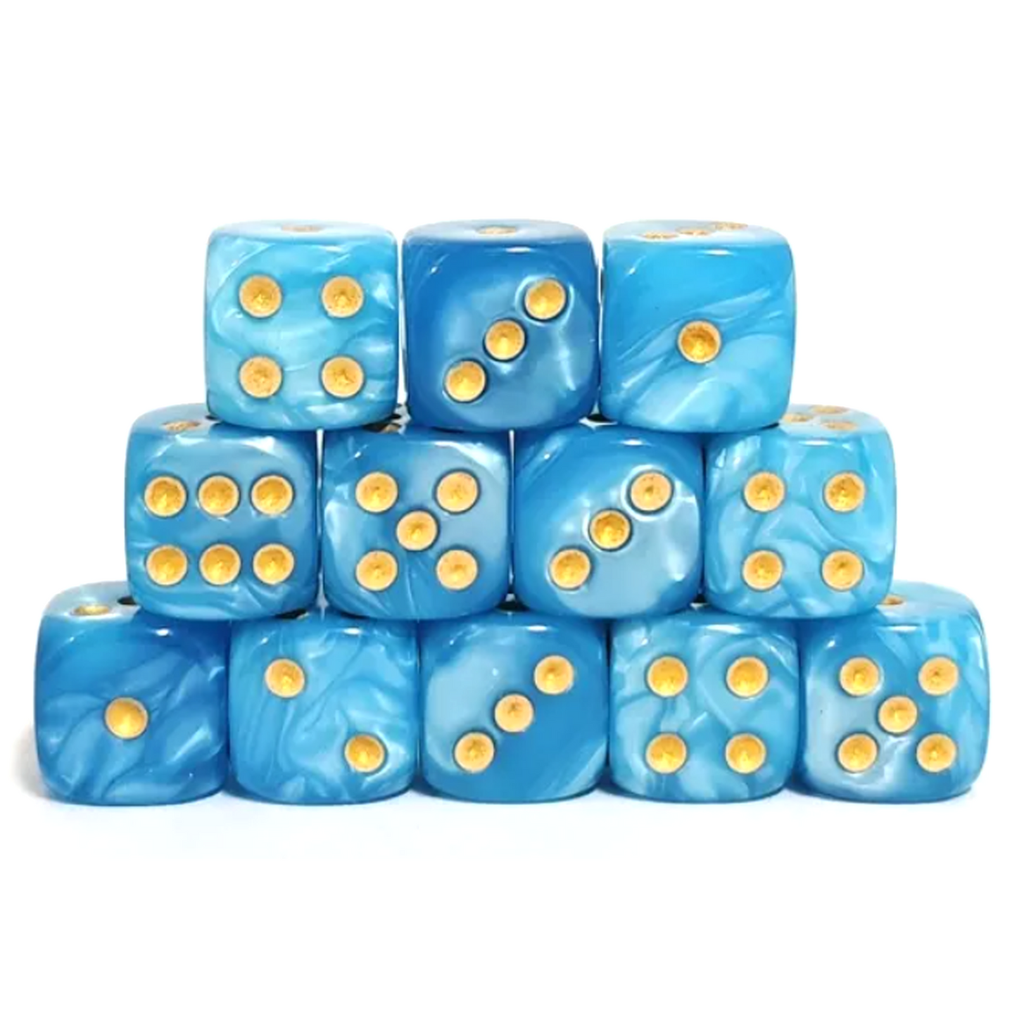 Blue dice with yellow dots arranged in a pyramid on a white background | Happy Piranha