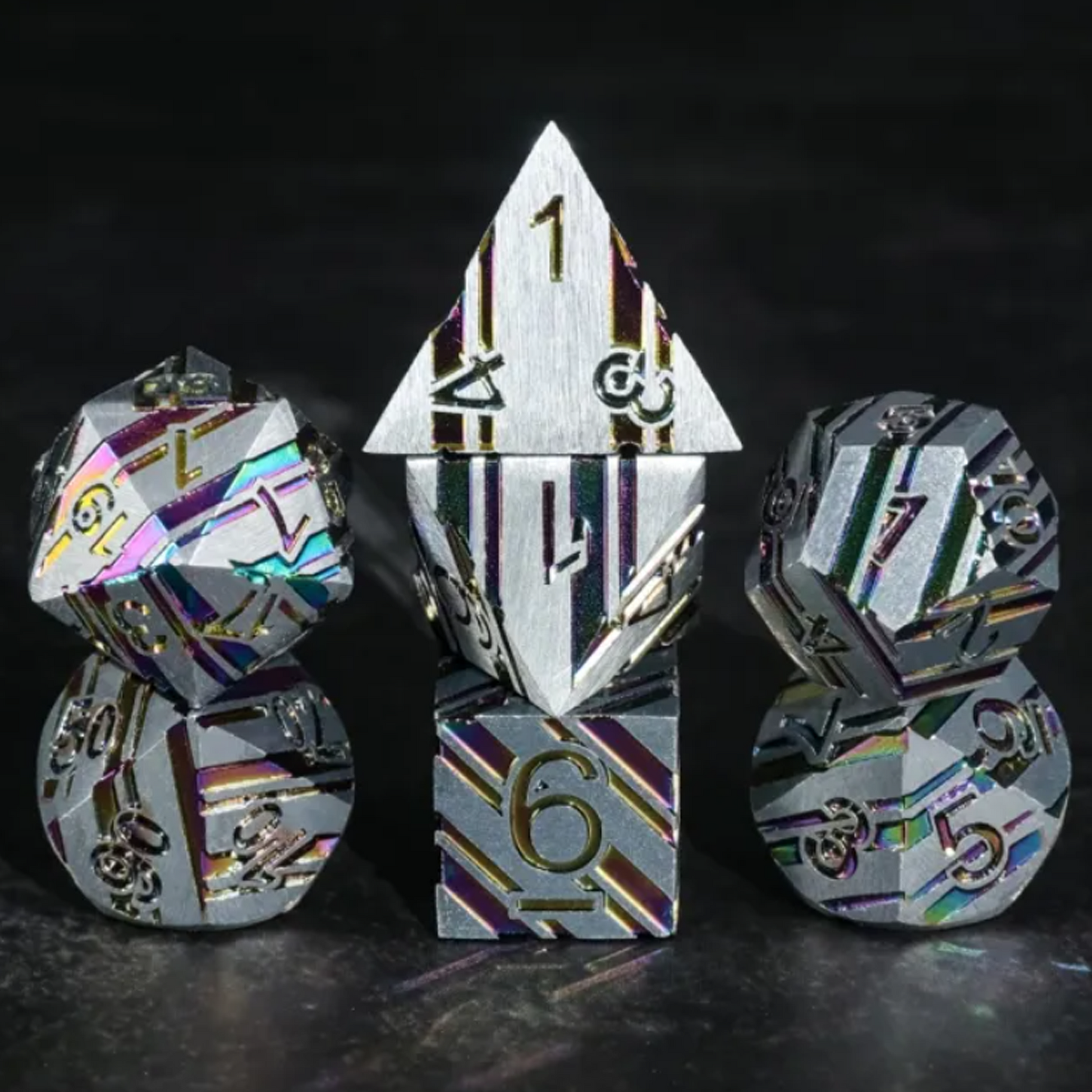 Rainbow Lightning - Premium Metal Polyhedral D&D Dice Sets (Silver) on a desk | Happy Piranha