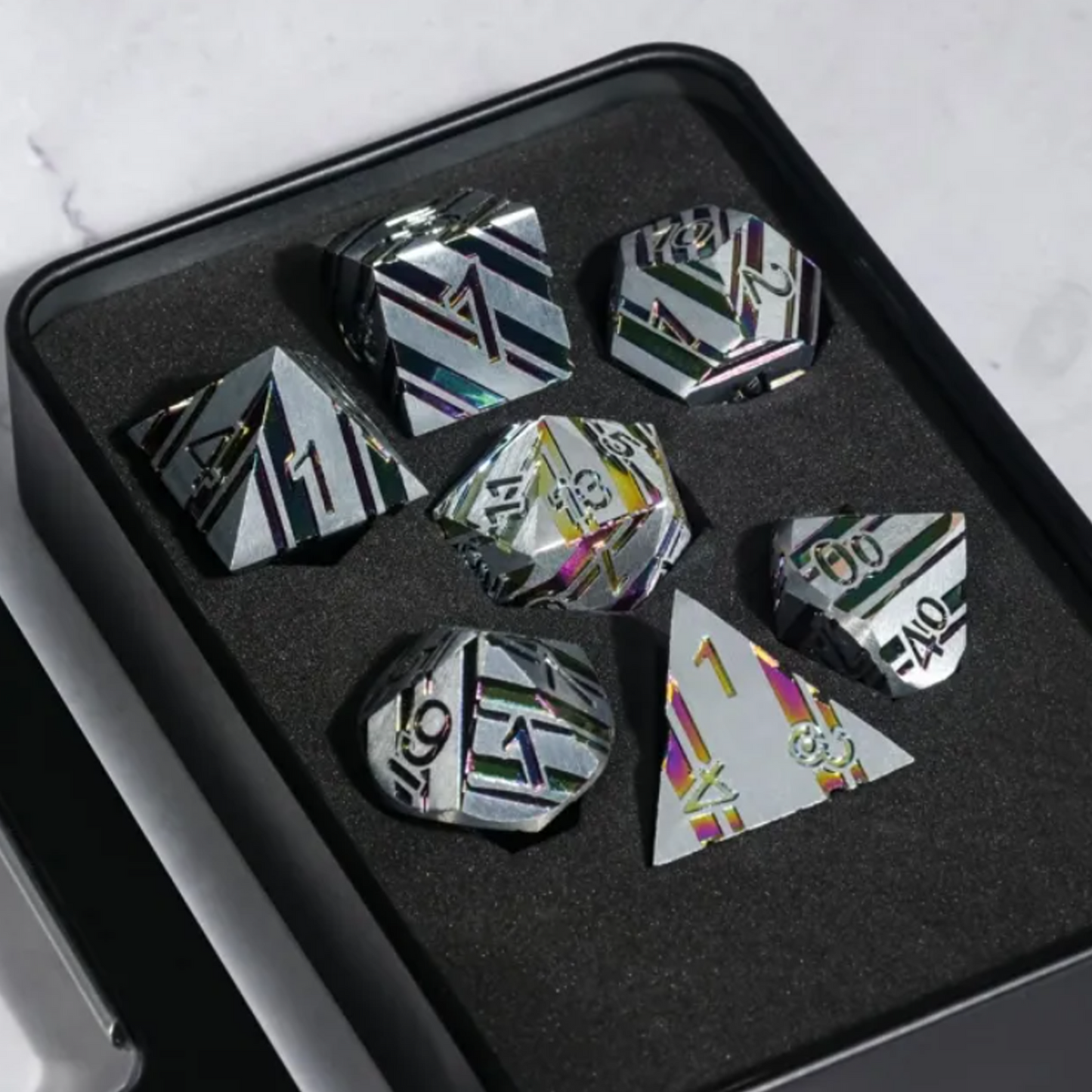 Rainbow Lightning - Premium Metal Polyhedral D&D Dice Sets (Silver) in a tin | Happy Piranha