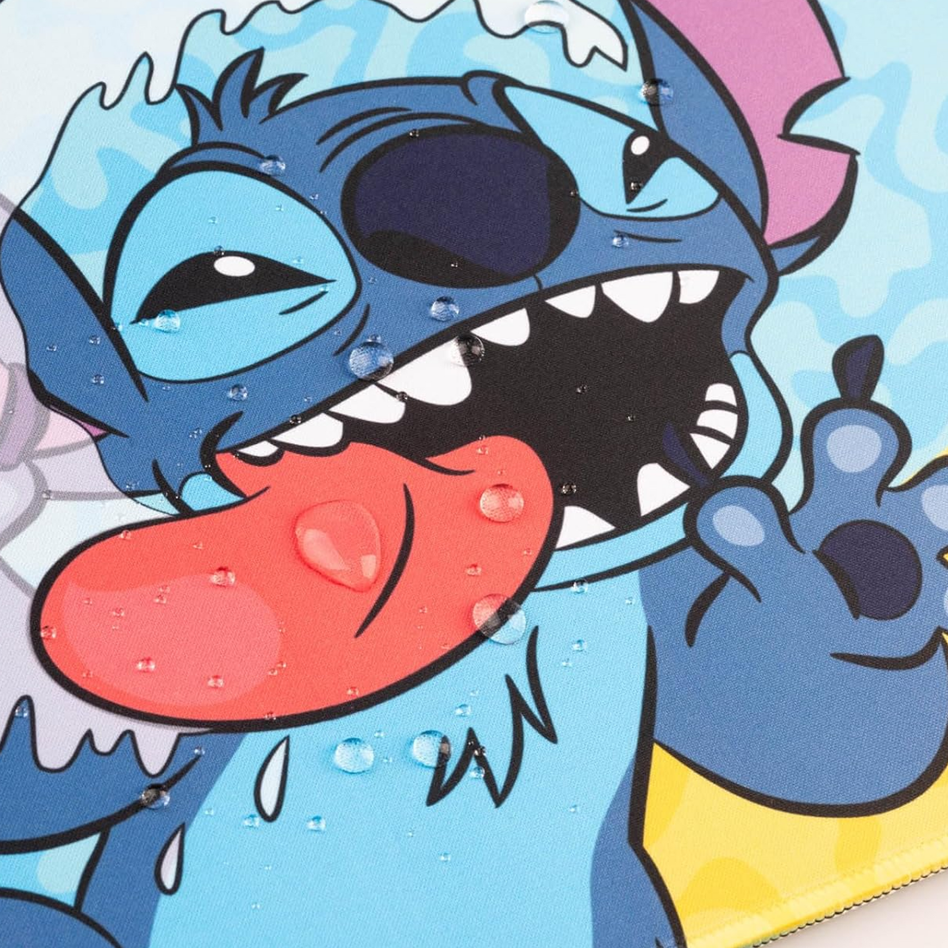 Disney Lilo & Stitch XXL 31.5 Inch Gaming Mouse Pad & Keyboard Mat - Close up with Water Droplets on, Showing its Hydrophobic Material | Happy Piranha