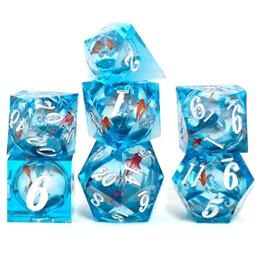 Koi Fish Liquid Core Sharp Edged Polyhedral Glitter Dice Set Stacking in a Pile on a White Background | Happy Piranha