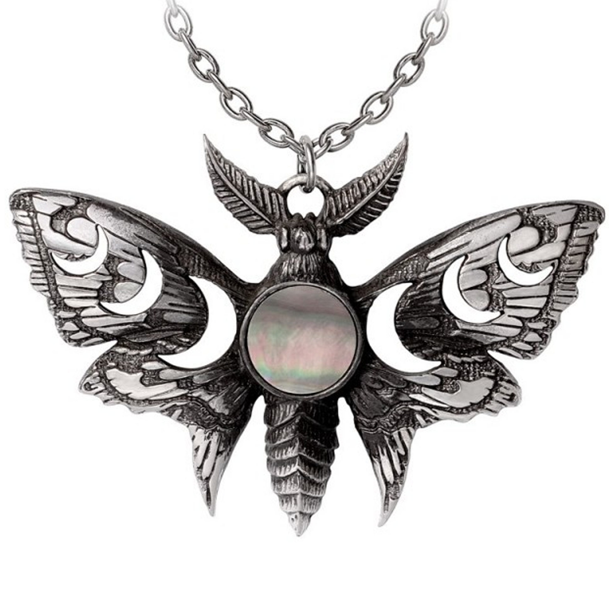 Lunar Moth - Pewter & Mother of Pearl Pendant Necklace on a White Background | Happy Piranha