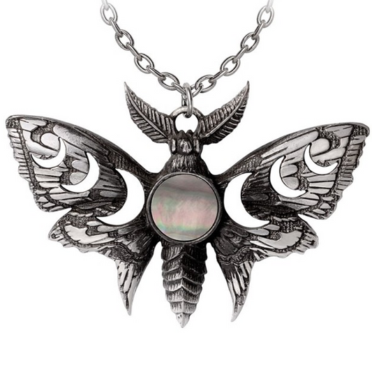 Lunar Moth - Pewter & Mother of Pearl Pendant Necklace on a White Background | Happy Piranha